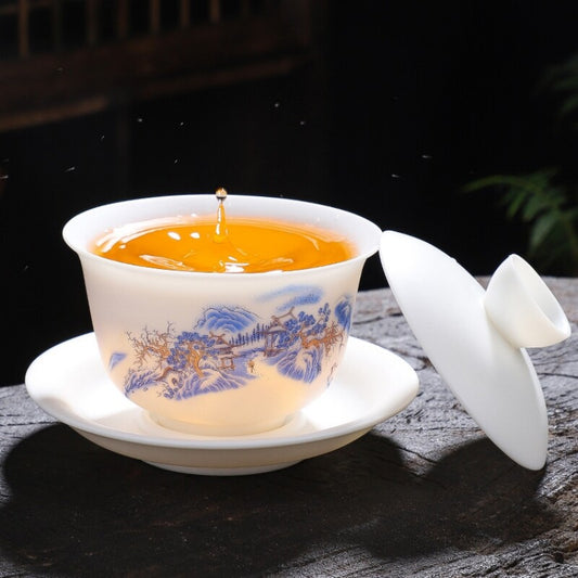 Jade Porcelain Gaiwan Hand Drawing Boutique Tureen Cup Saucer Lid Sancai Bowl