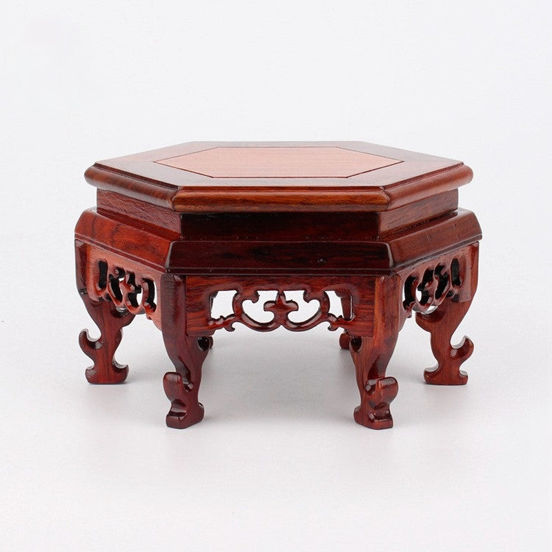 Carved Hexagon Wooden Pedestal Vase Teapot Base Collection Display Stand Retro