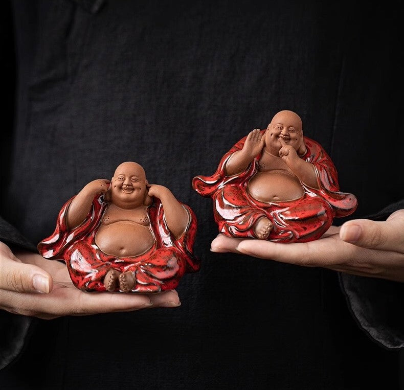 3 Pcs Chinese Zi Sha Clay Laughing Maitreya Buddha Statue Zen Decor