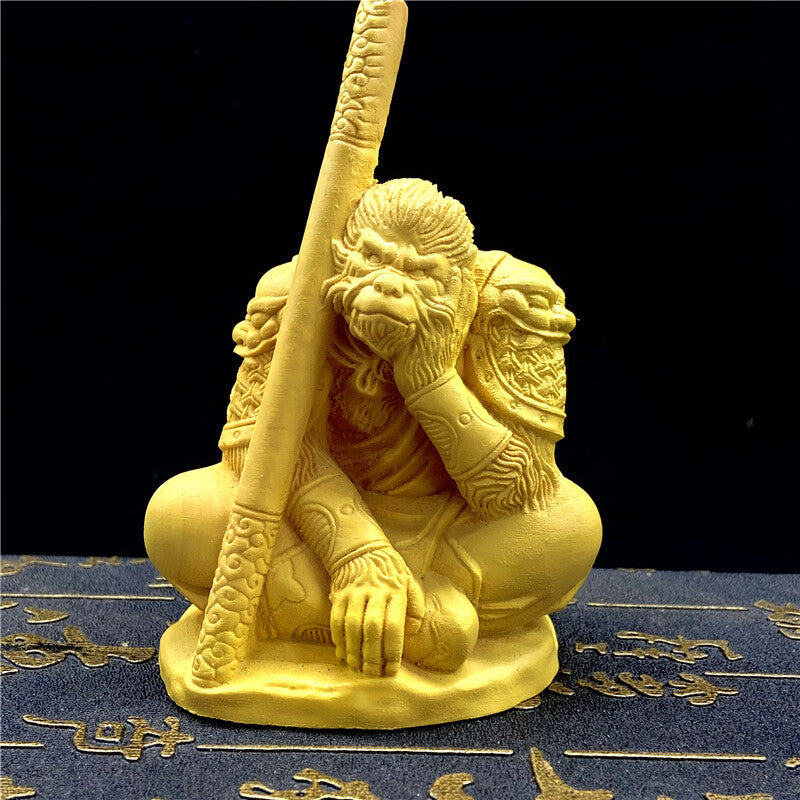 Natural Boxwood Carved Monkey King Statue Sun Wu Kong Sculpture Home Car Decor