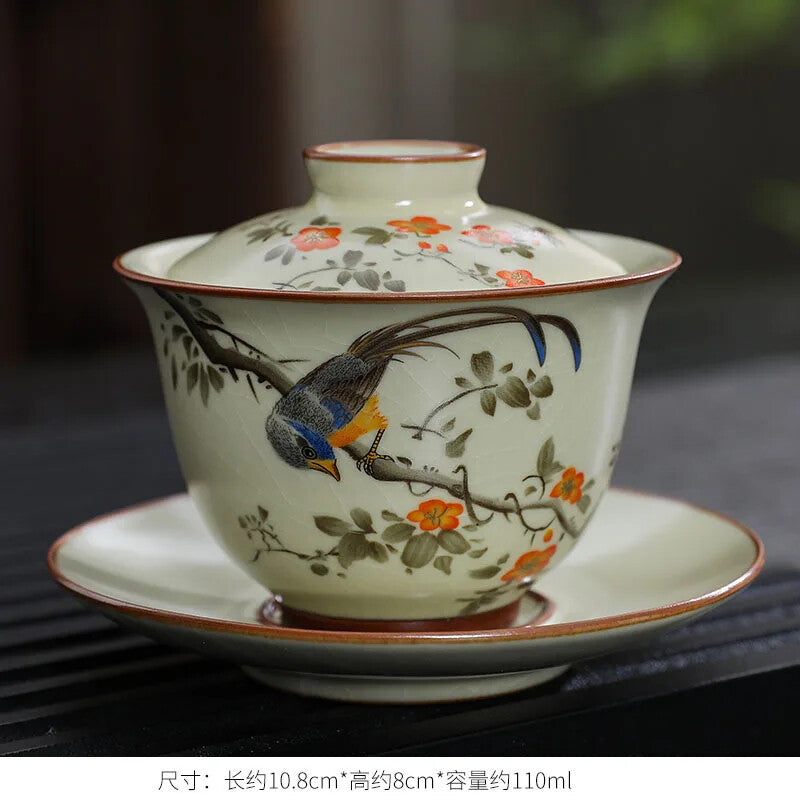 Handmade Gaiwan Chinese Teacup Hand-painted Flowers Sancai Tea Tureen Tea Bowl