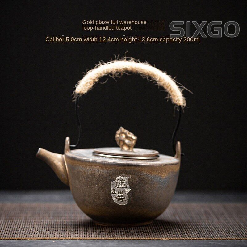 Teapot Loop-Handled Teapot Gold Glaze Tea Kettle Chinese Ceramic Pot Vintage