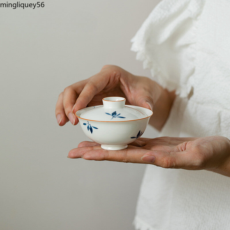 Hand-painted Butterfly Orchid Gaiwan White Porcelain Tea Tureen Mini Cover Bowl