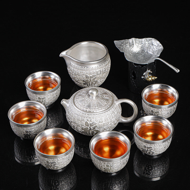 999 pure silver tea set handmade tea pot sterling silver tea cup dragon relief
