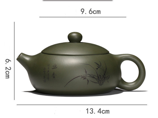 China Yixing Zisha Clay Green Pottery Handmade Flower Teakettle Teapot Tea Pot