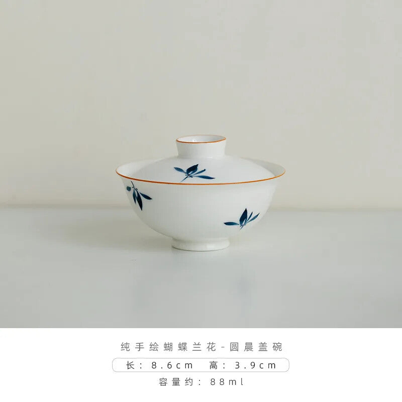 Hand-painted Butterfly Orchid Gaiwan White Porcelain Tea Tureen Mini Cover Bowl