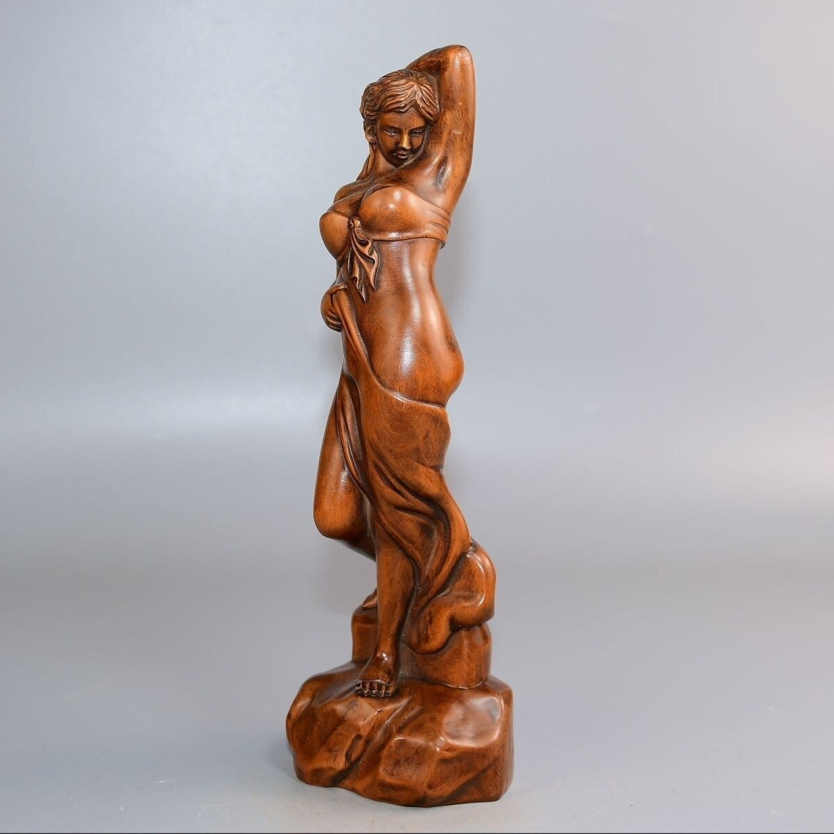8.7" Old Boxwood Carved Girl Statue Wood Carving Collection Home Decor
