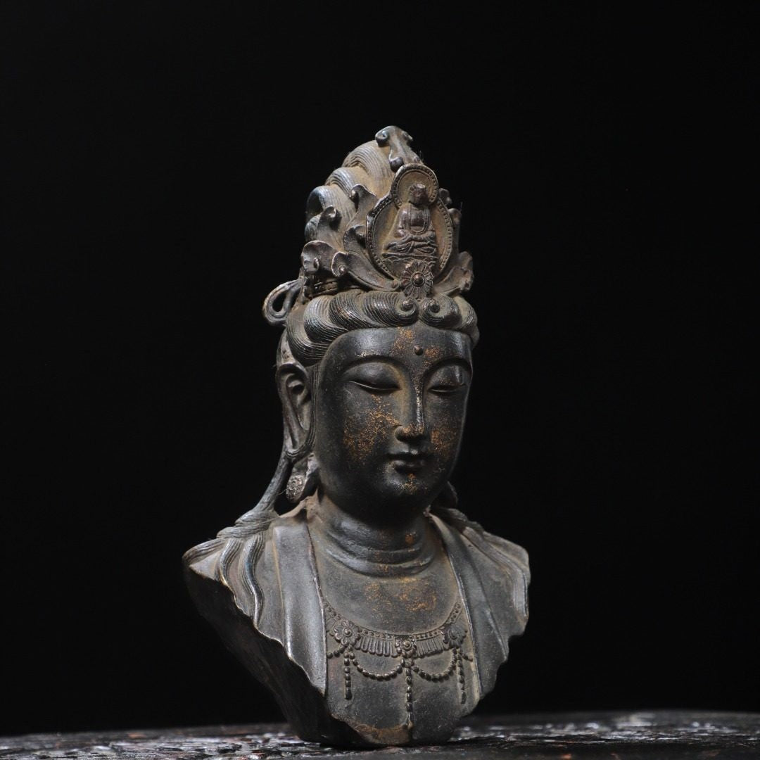 8.7" Old Antique Tibetan Buddhism Temple Bronze Gilt Guanyin Bodhisattva Statue