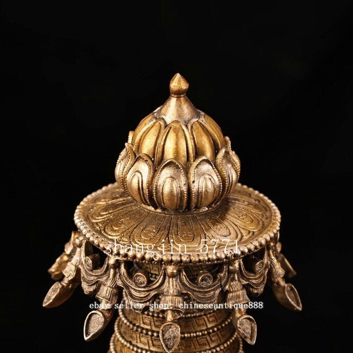 Old Tibet Buddhism Copper 8 Auspicious Symbol Buddha Stupa Pagoda Tower Statue