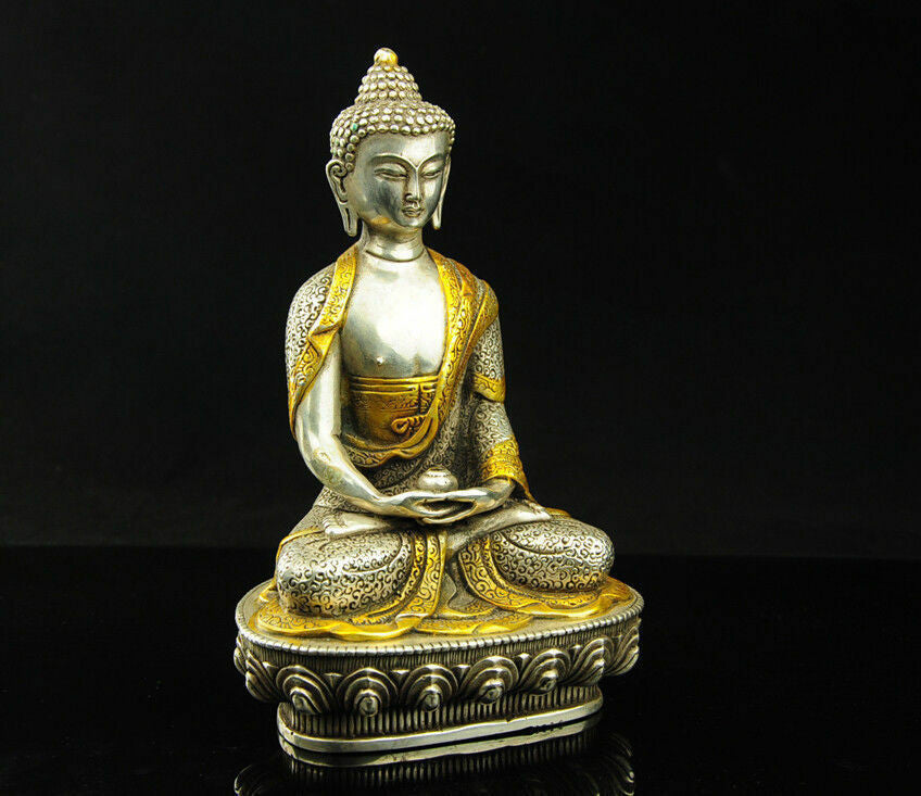 Exquisite Tibet Silver Gilt Tibetan Buddhism Sakyamuni Buddha Statue