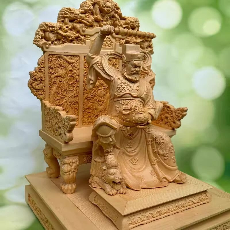 12" Cypress Wood Carved Zhao Gongming God of Wealth Statue Feng Shui Home Decor