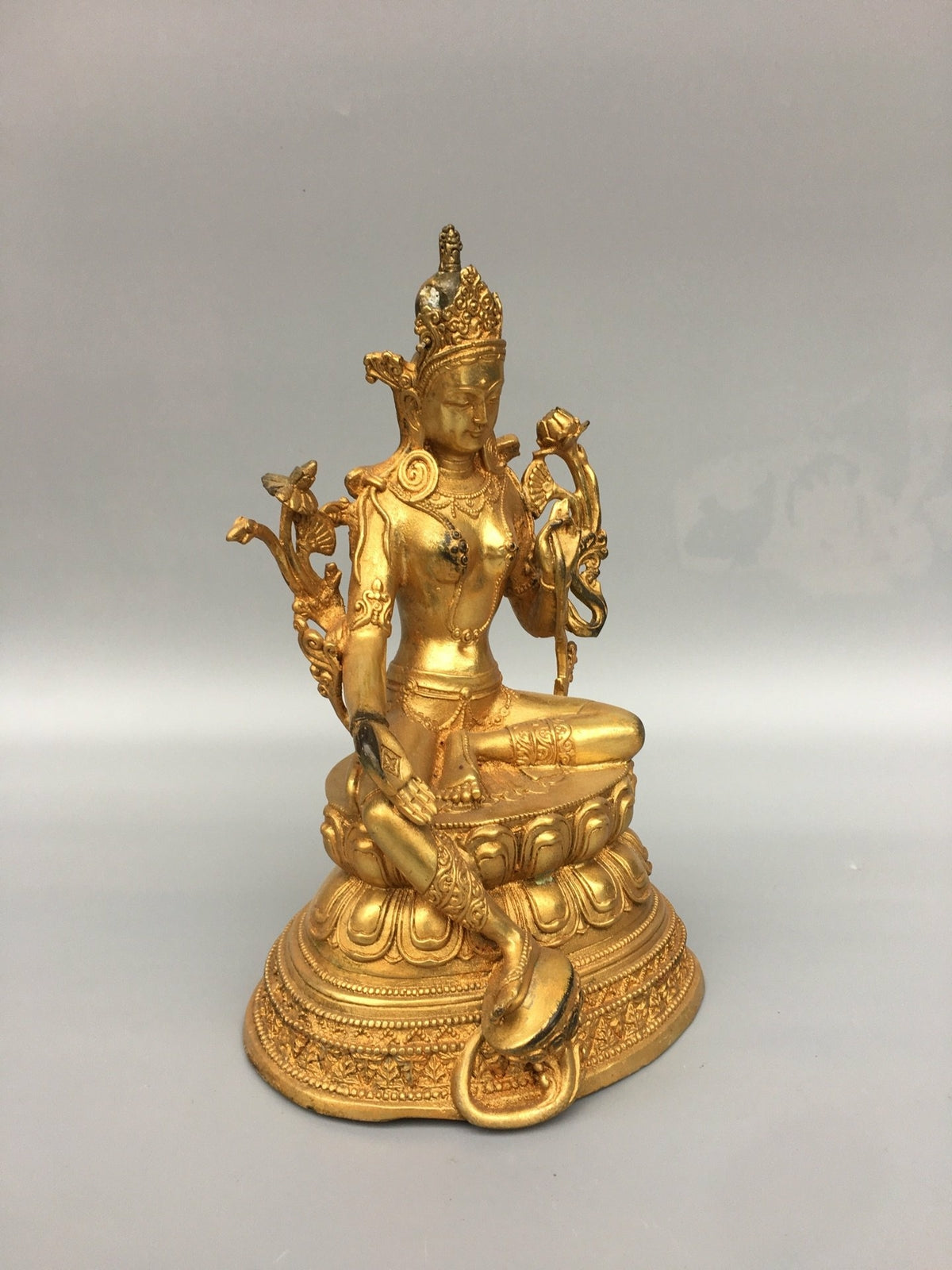 8.4" Antique Old Temple Tibetan Buddhism Dynasty Bronze Gilt Green Tara Statue
