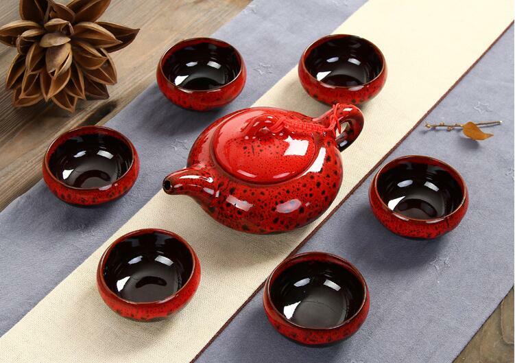 7pcs/set Tea Cups Tea Pot Creative KungFu Tea Service Ceramic Red Glaze Tea Set
