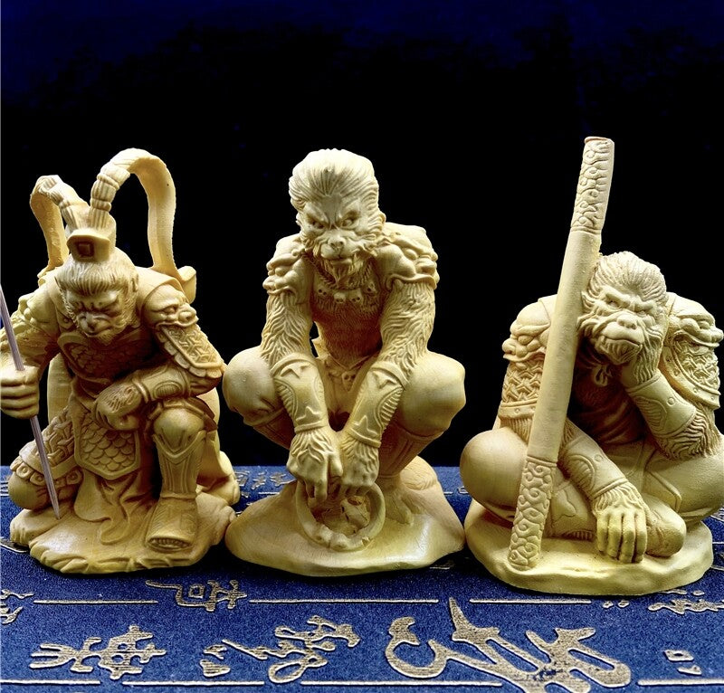 Natural Boxwood Carved Monkey King Statue Sun Wu Kong Sculpture Home Car Decor