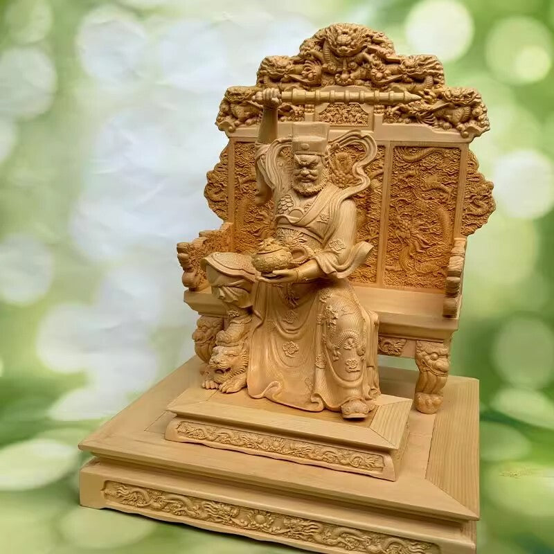 12" Cypress Wood Carved Zhao Gongming God of Wealth Statue Feng Shui Home Decor