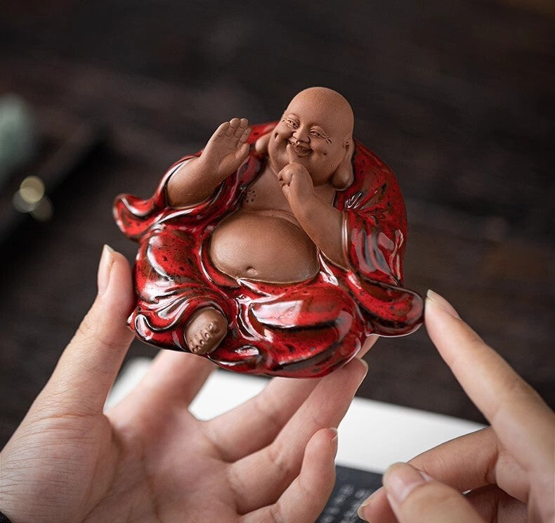 3 Pcs Chinese Zi Sha Clay Laughing Maitreya Buddha Statue Zen Decor