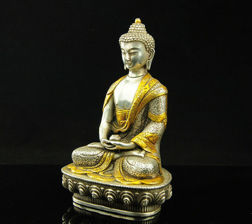 Exquisite Tibet Silver Gilt Tibetan Buddhism Sakyamuni Buddha Statue