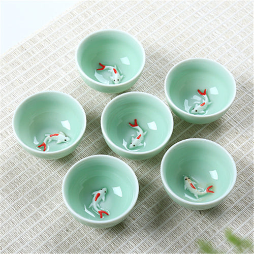 6 Pcs/lot Chinese Tea Cup Porcelain Fish Relief Cup Of Tea For Pu'er Tea Green