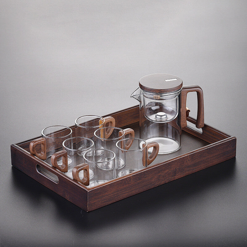 Boutique Tea Pot Matching Cup Glass Wood Handle Tea Tray Tea Water Separation