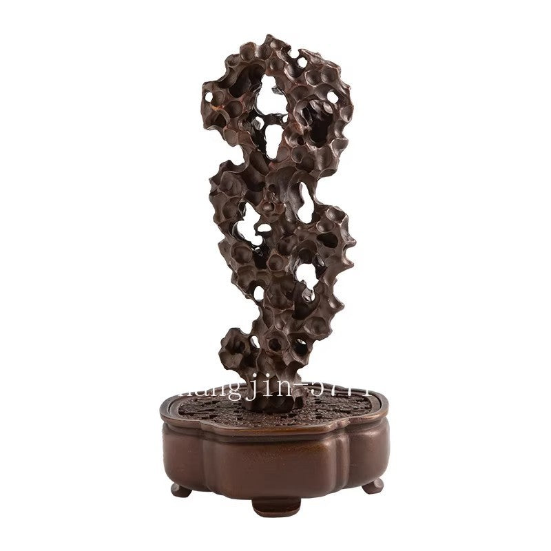 Brass Carved Taihu Lake Stone Statue Incense Burner Home Zen Decor Collection
