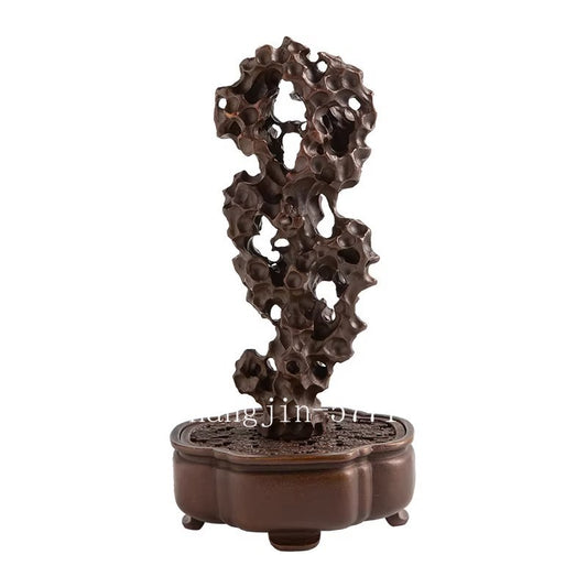 Brass Carved Taihu Lake Stone Statue Incense Burner Home Zen Decor Collection