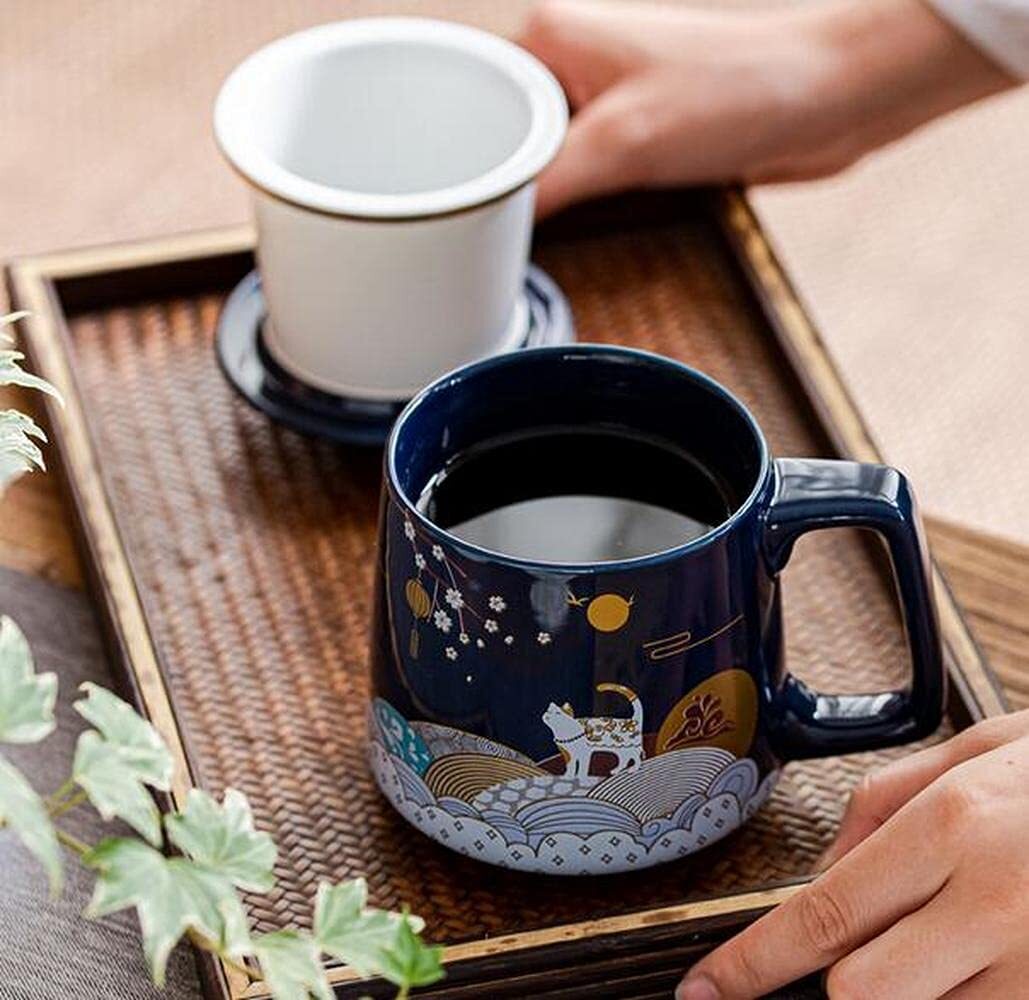 400ml Chinese Lucky Cat Office Tea Cup Ceramic Filter Tea Separation Mug Tea Set
