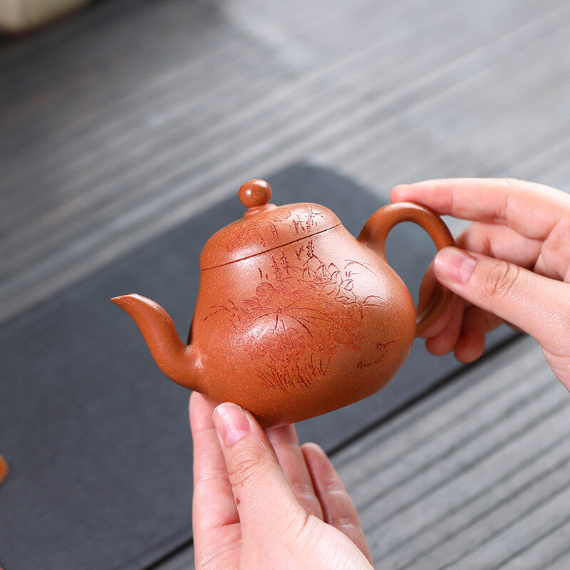 170ml Handmade Tea Pot Marked Traditional Lotus Flower Carved Jiangpo Clay Pot