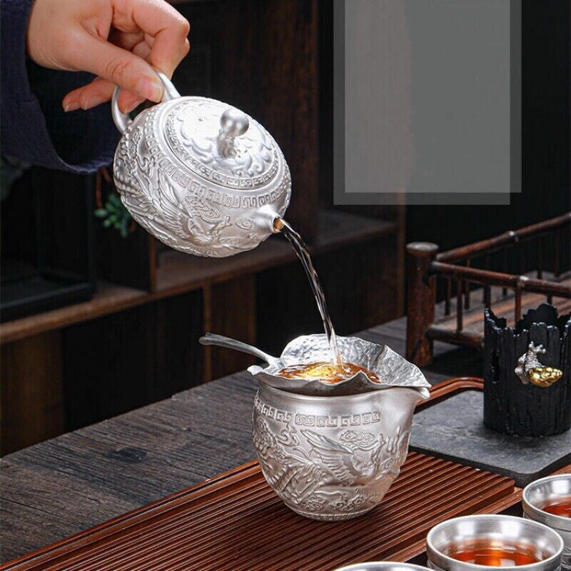 999 Pure Silver Tea Set Handmade Tea Pot Sterling Silver Tea Cup Dragon Relief