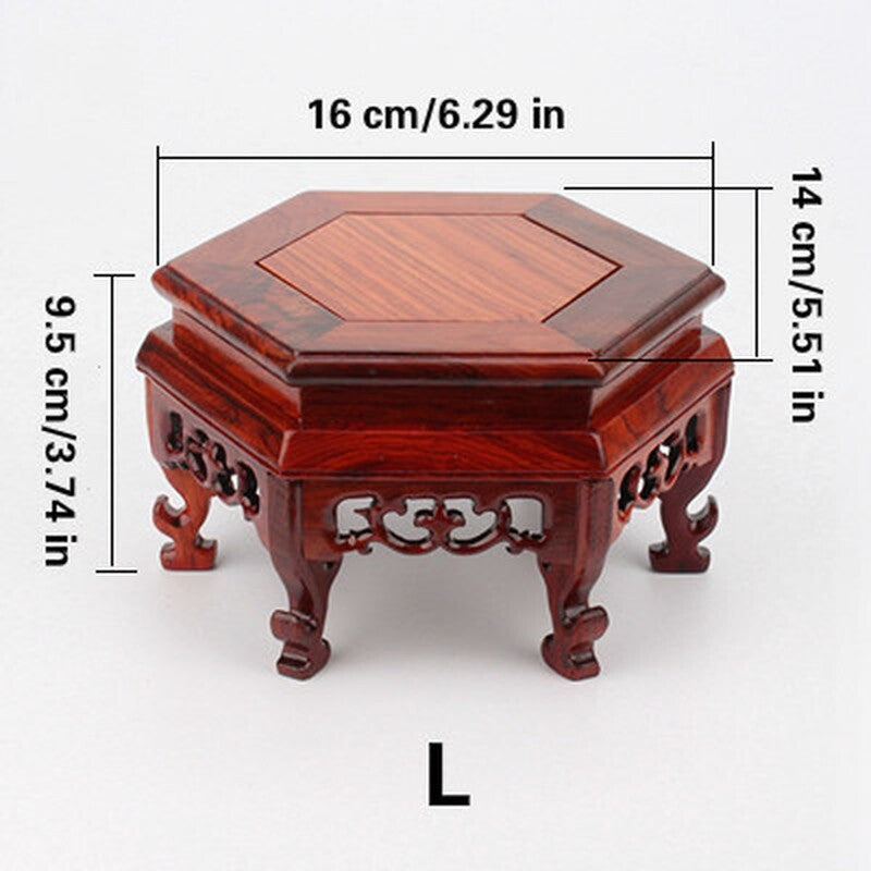 Carved Hexagon Wooden Pedestal Vase Teapot Base Collection Display Stand Retro