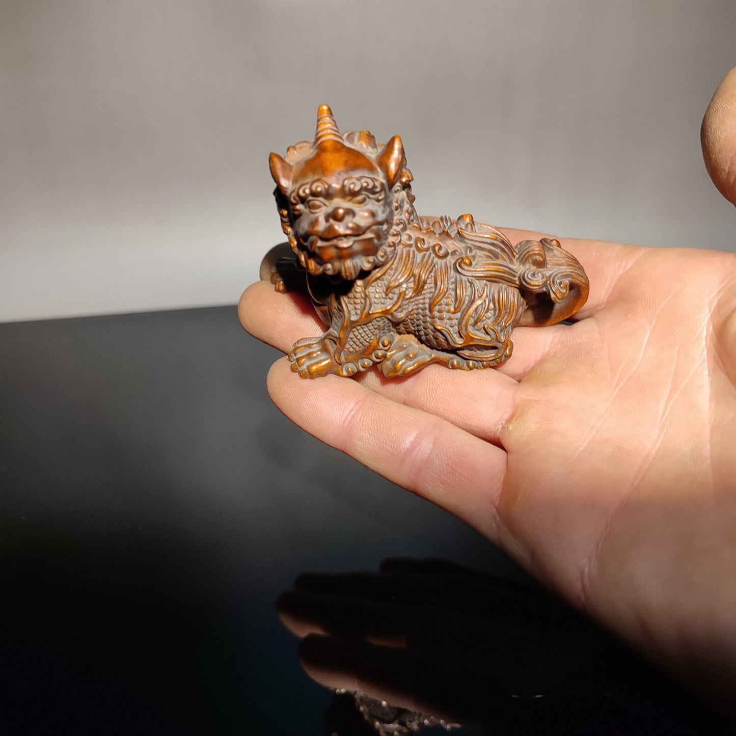 Chinese Boxwood Hand Carved Wooden Kylin Statue Unicorn Figure