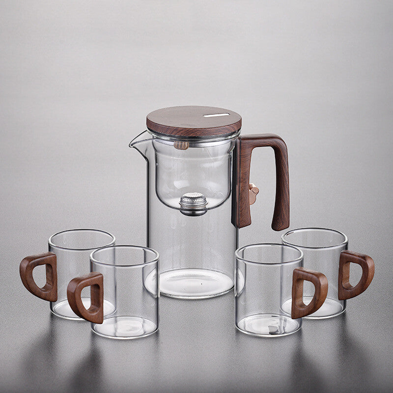 Boutique Tea Pot Matching Cup Glass Wood Handle Tea Tray Tea Water Separation