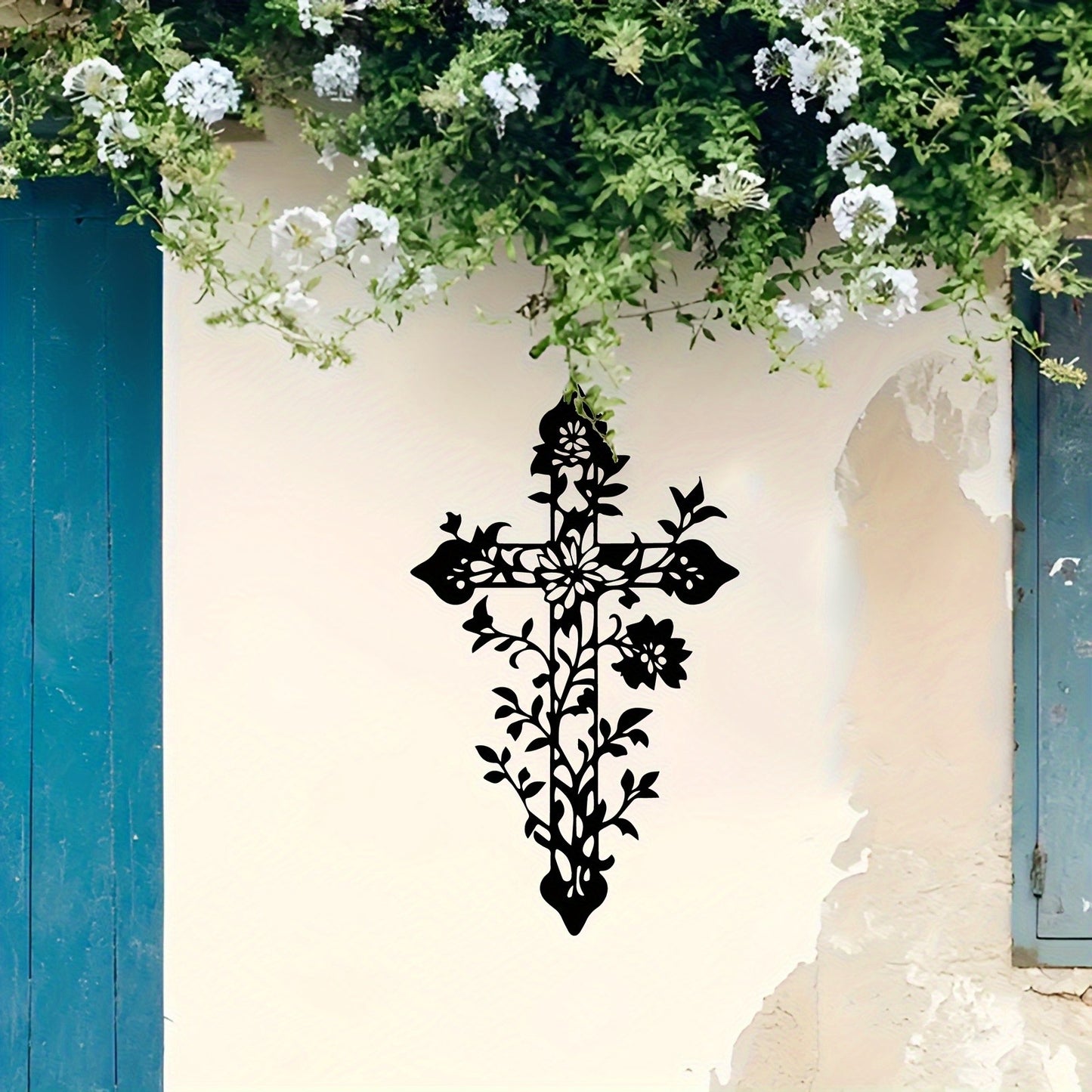 Vintage Cross with Floral Branches - Christian Metal Wall Art for Believers Gift