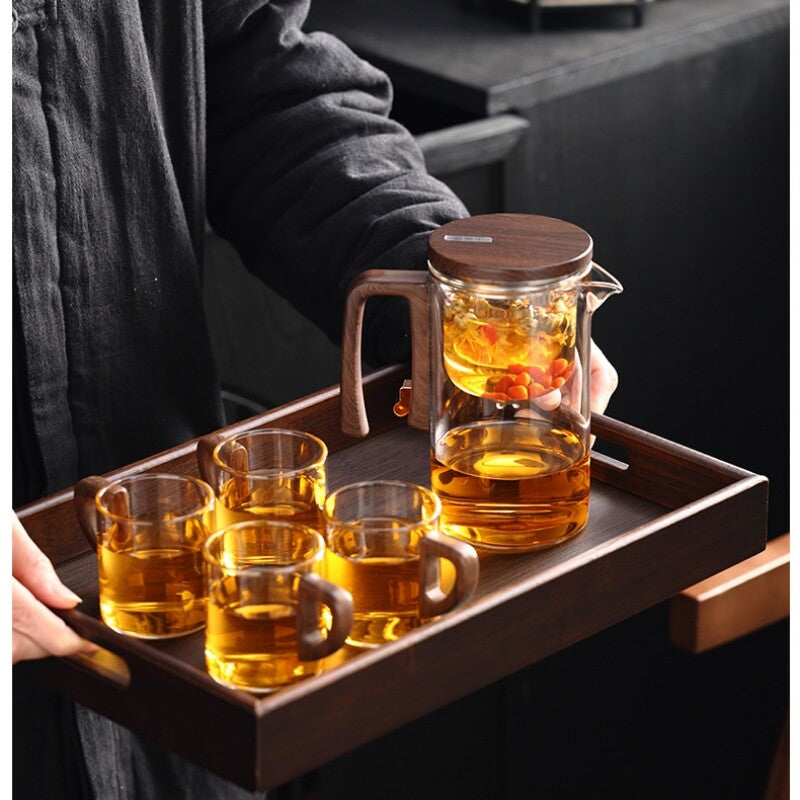 Boutique Tea Pot Matching Cup Glass Wood Handle Tea Tray Tea Water Separation
