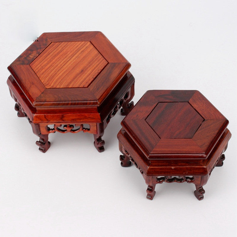 Carved Hexagon Wooden Pedestal Vase Teapot Base Collection Display Stand Retro