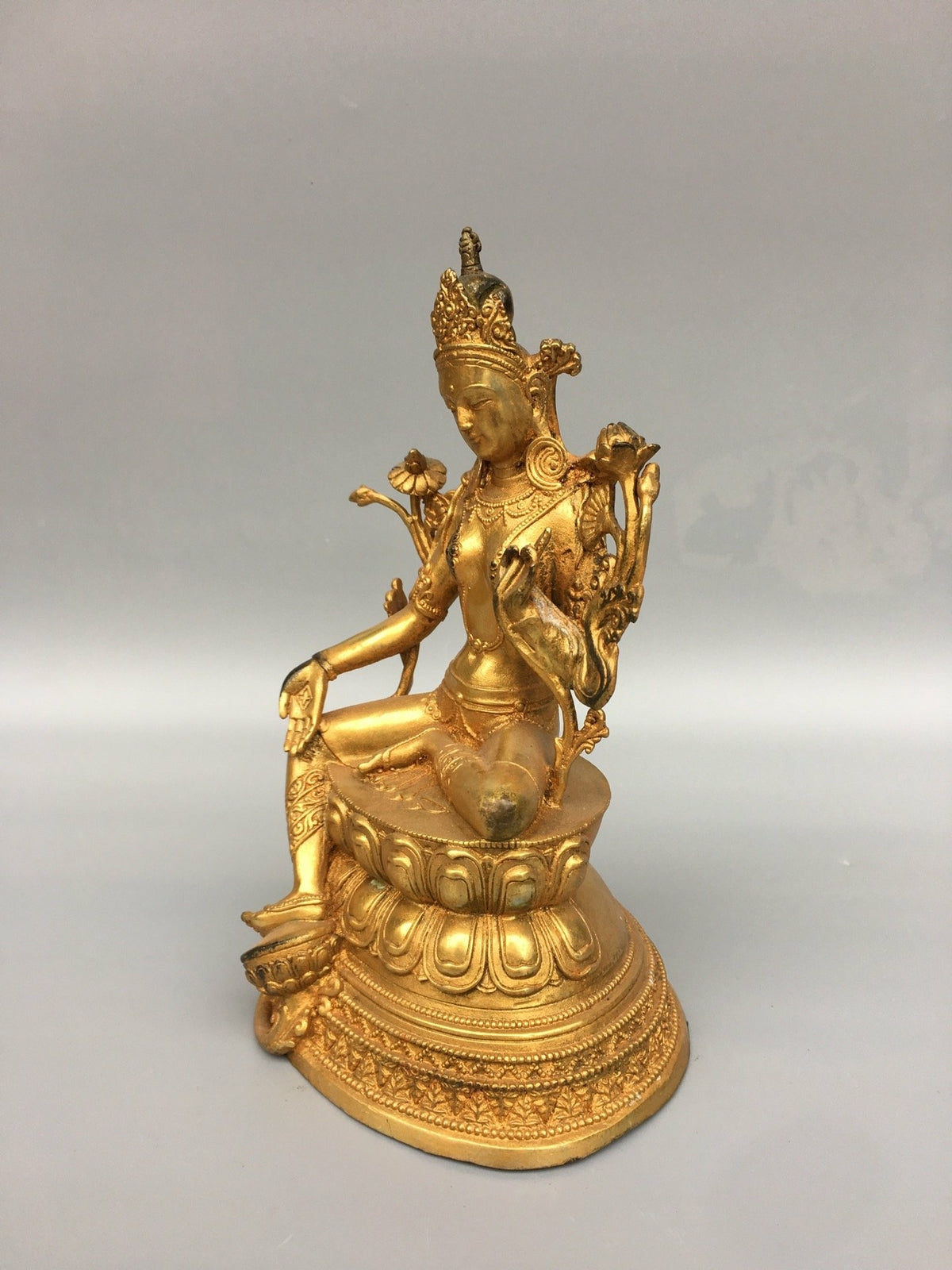 8.4" Antique Old Temple Tibetan Buddhism Dynasty Bronze Gilt Green Tara Statue