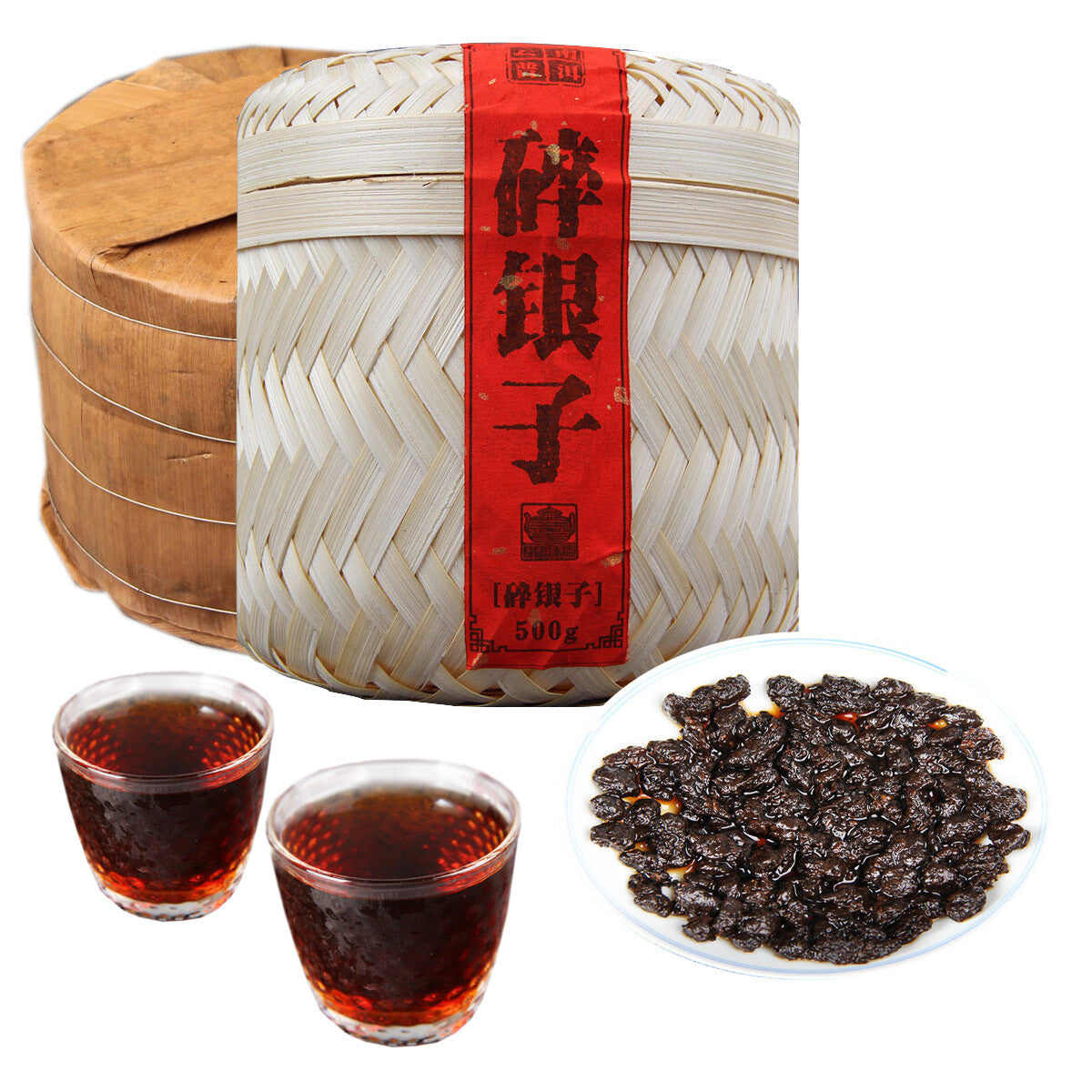 Ripe Pu-erh Tea Packing GiftCooked Puerh Tea Handmade Bamboo Basket Yunnan 500g