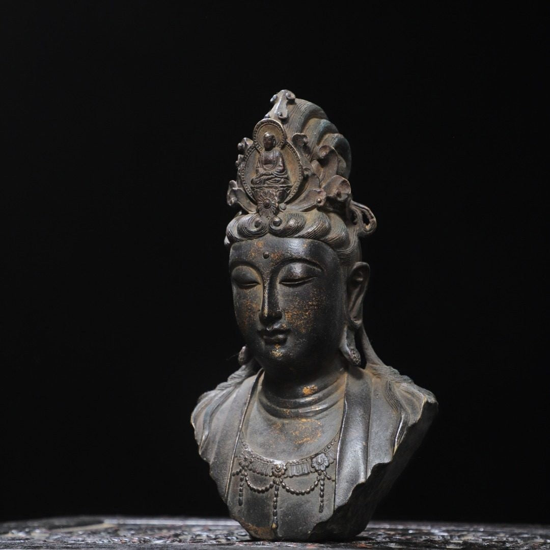 8.7" Old Antique Tibetan Buddhism Temple Bronze Gilt Guanyin Bodhisattva Statue