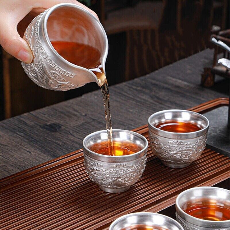 999 Pure Silver Tea Set Handmade Tea Pot Sterling Silver Tea Cup Dragon Relief