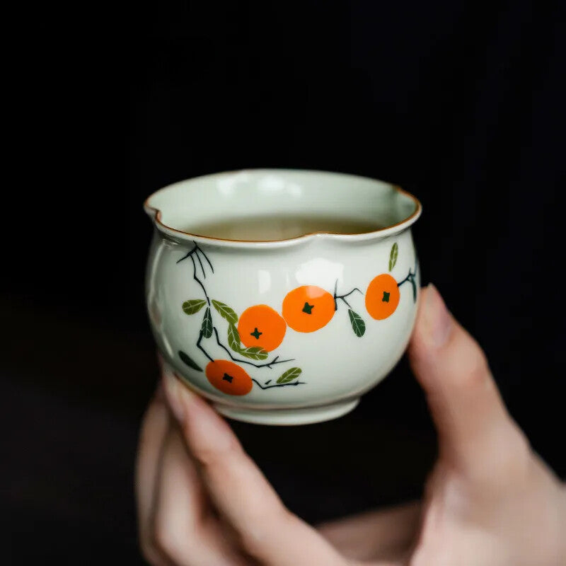 Hand Painted Persimmon Tea Cup Ceramic Teacup Flower Aesthetic Cups Tea Bowl