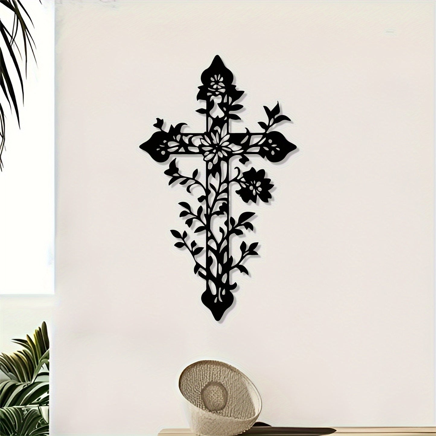 Vintage Cross with Floral Branches - Christian Metal Wall Art for Believers Gift