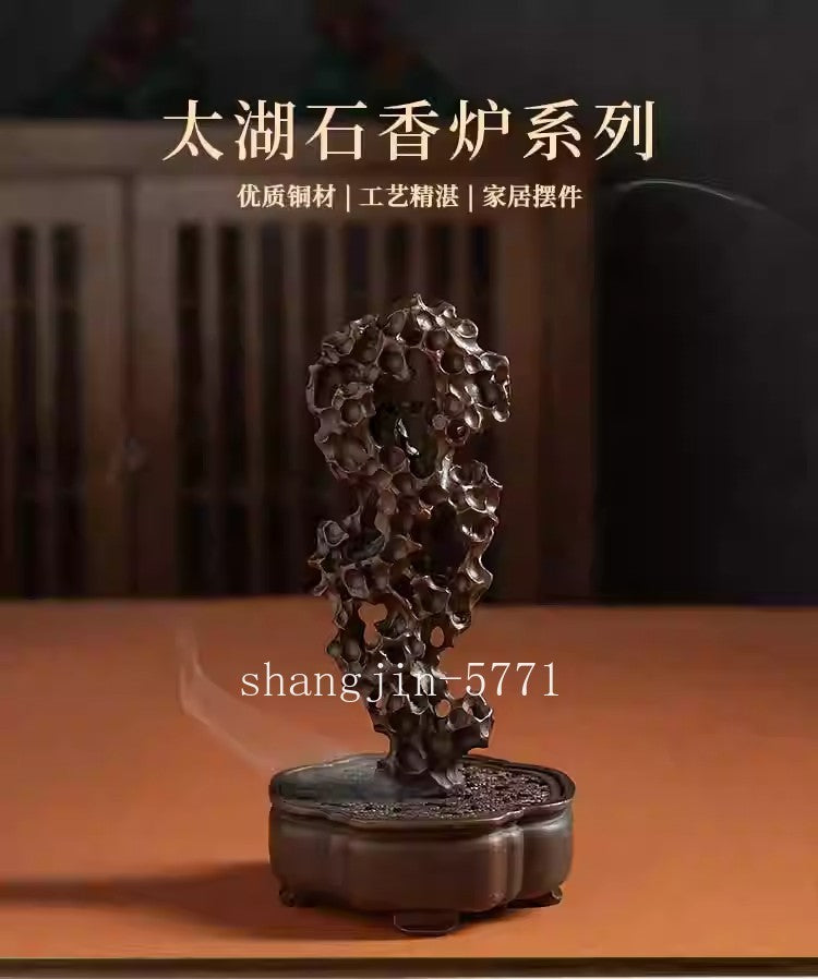 Brass Carved Taihu Lake Stone Statue Incense Burner Home Zen Decor Collection