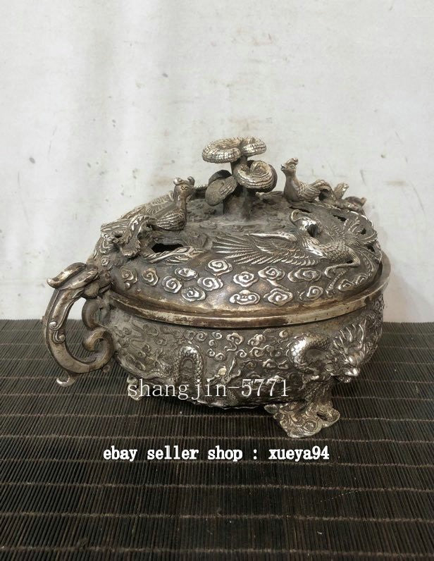 9" Old Chinese Dynasty Bronze Silver Dragon Phoenix Beast Incense Burner Censer