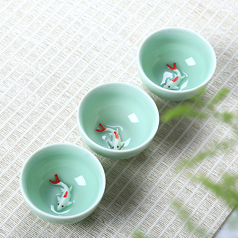 6 Pcs/lot Chinese Tea Cup Porcelain Fish Relief Cup Of Tea For Pu'er Tea Green
