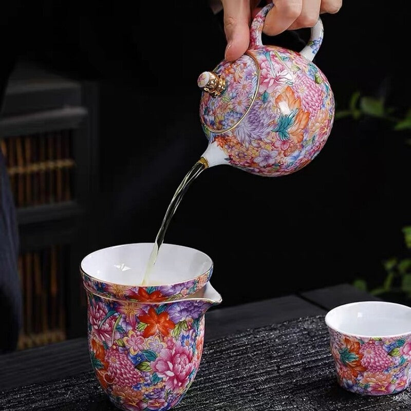 Fat Mutton Jade Porcelain Tea Pot Ball Shaped Infuser Tea Cup Saucer Colorful