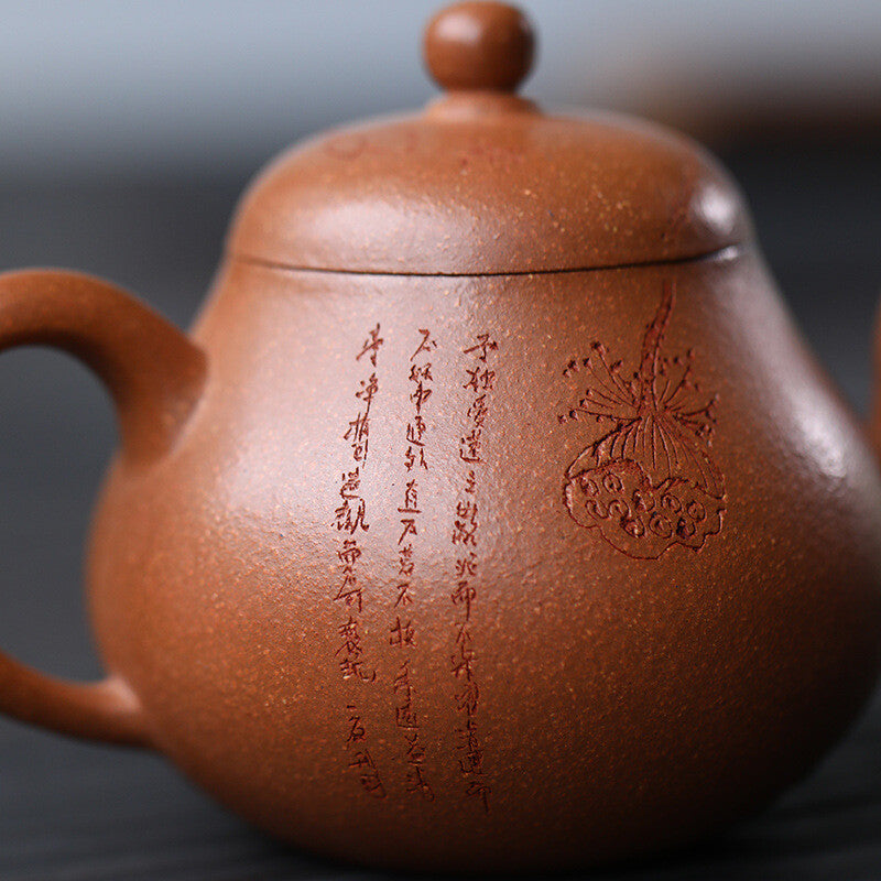 170ml Handmade Tea Pot Marked Traditional Lotus Flower Carved Jiangpo Clay Pot
