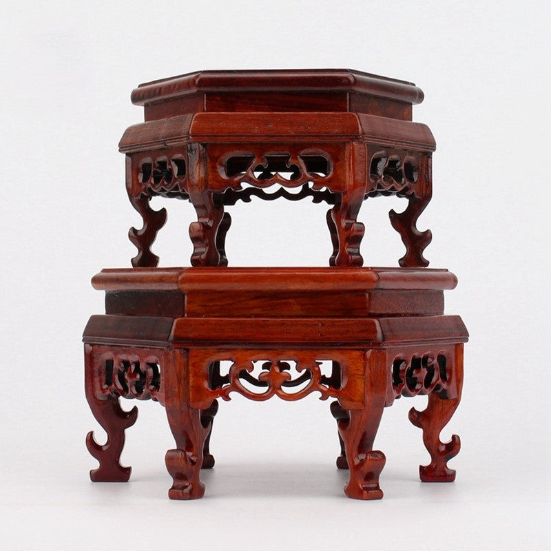 Carved Hexagon Wooden Pedestal Vase Teapot Base Collection Display Stand Retro