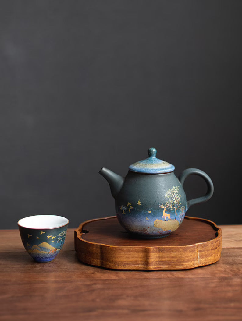 Embersceramic Ceramic Teapot Gold Deer Chinese Tea Pot Vintage Teapot 240ml Blue