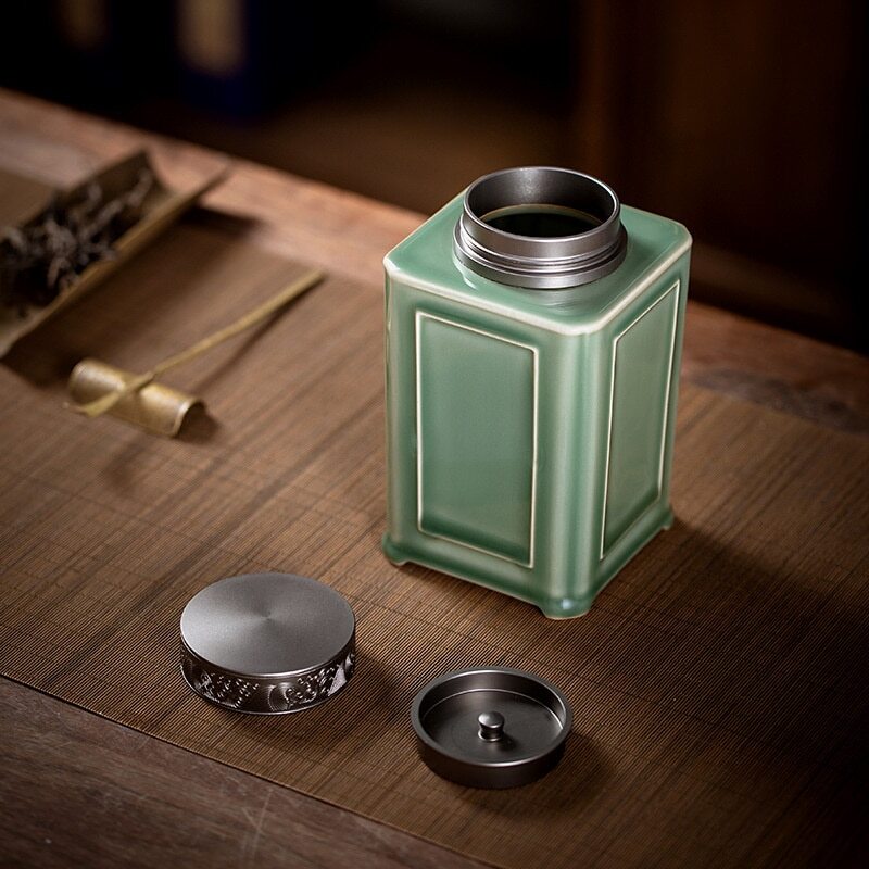 Yue Kiln Celadon Windowed Tea Cans Ceramic Tea Warehouses Household Pu'er Tea