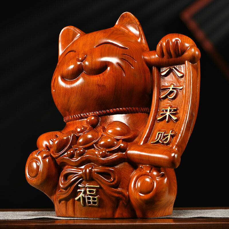 6" Chinese Rosewood Carved Maneki Neko Statue Lucky Cat Feng Shui Decor