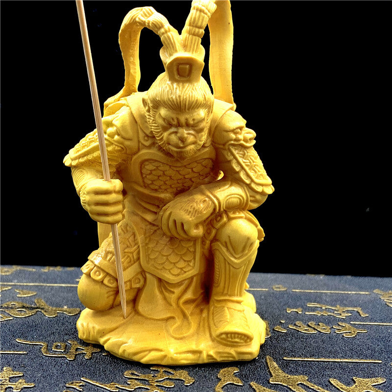 Natural Boxwood Carved Monkey King Statue Sun Wu Kong Sculpture Home Car Decor